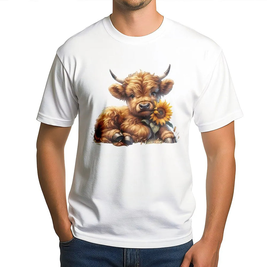 Highland Cow T-Shirt | Cute Baby Farm Animal with Sunflower Graphic | Premium Soft Cotton Tee | Western Gift for Cow Lovers