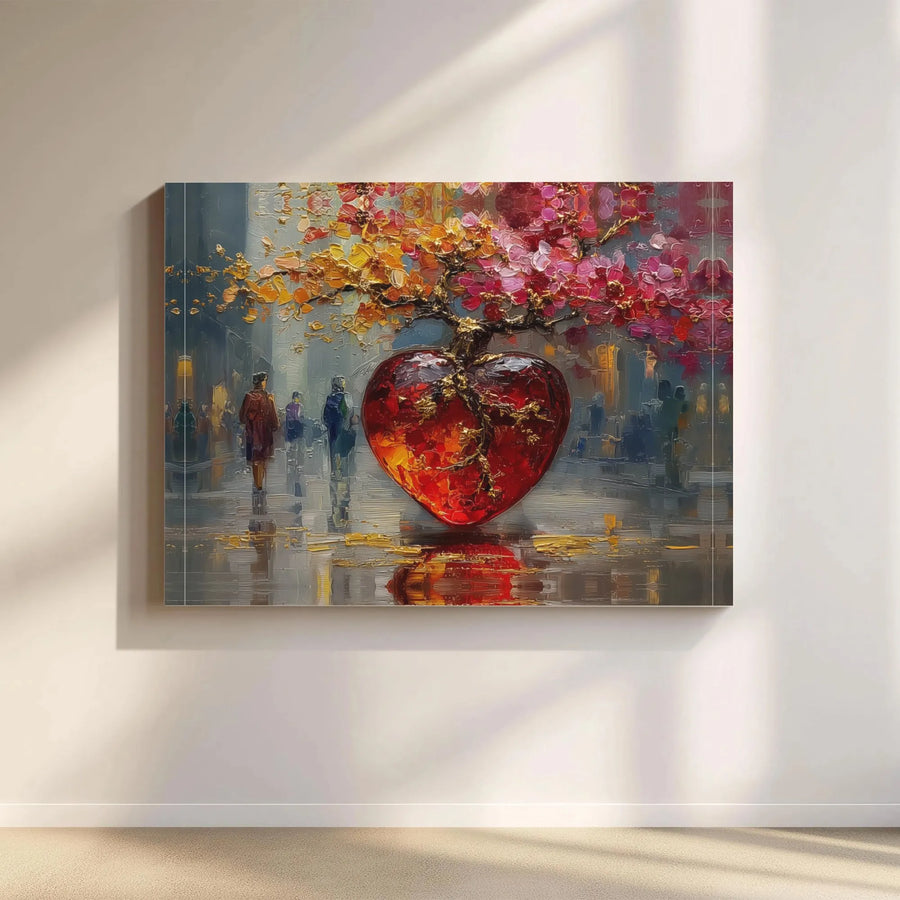 Red Heart Blossom Tree Canvas Art | Impressionist City Street Painting | 1.25 Inch Gallery Wrap | Romantic Wall Decor for Living Room