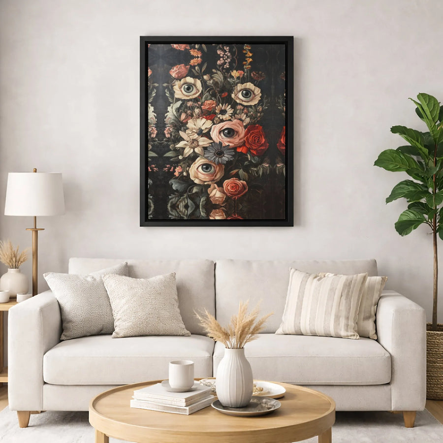 Surreal Dark Floral Wall Art | Gothic Botanical Bouquet With Eyes | Premium Gallery-Wrap Canvas | Moody Home Decor Gift