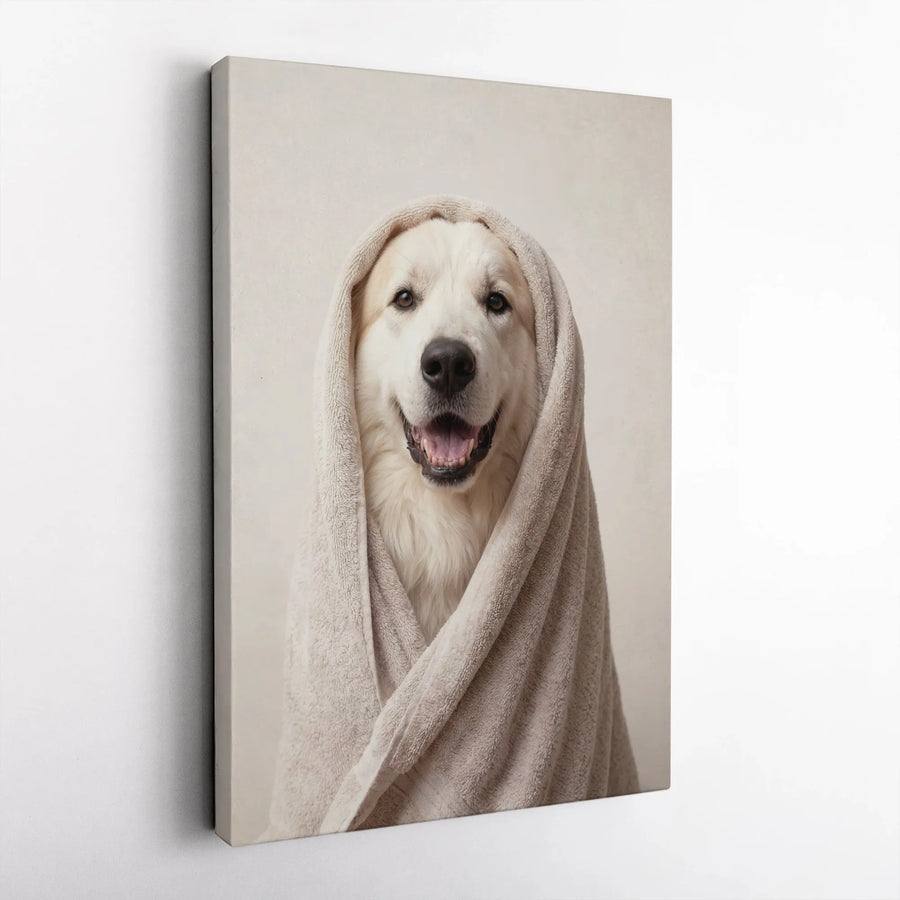Smiling Dog Wrapped In Towel Canvas Wall Art | Cute Golden Retriever Portrait | Premium Gallery Wrap Print | Funny Pet Lover Gift Home Decor