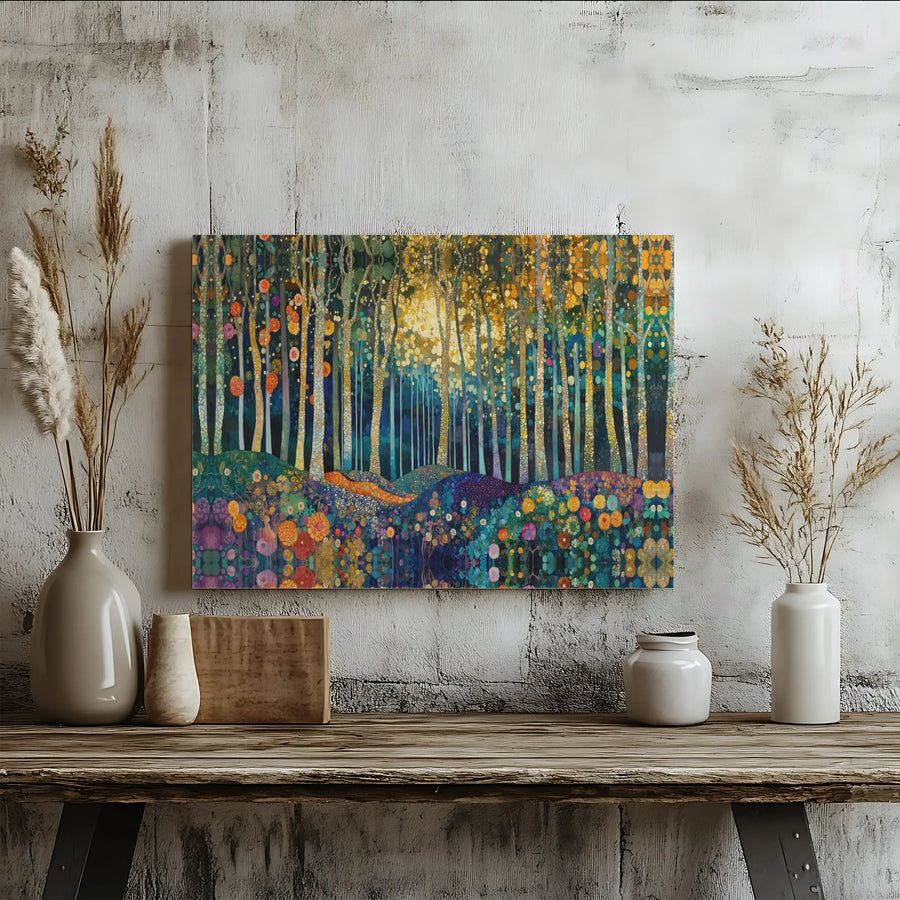 Abstract Enchanted Forest Canvas Wall Art | Whimsical Birch Trees & Wildflower Meadow | Premium Gallery Wrapped Print | Modern Living Room Decor Gift