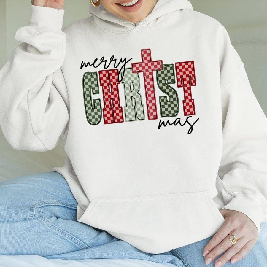 Merry Christ-mas Cross Hoodie | Red and Green Checkerboard Religious Design | Cotton-Poly Premium Blend | Holiday Faith Gift for Her Him