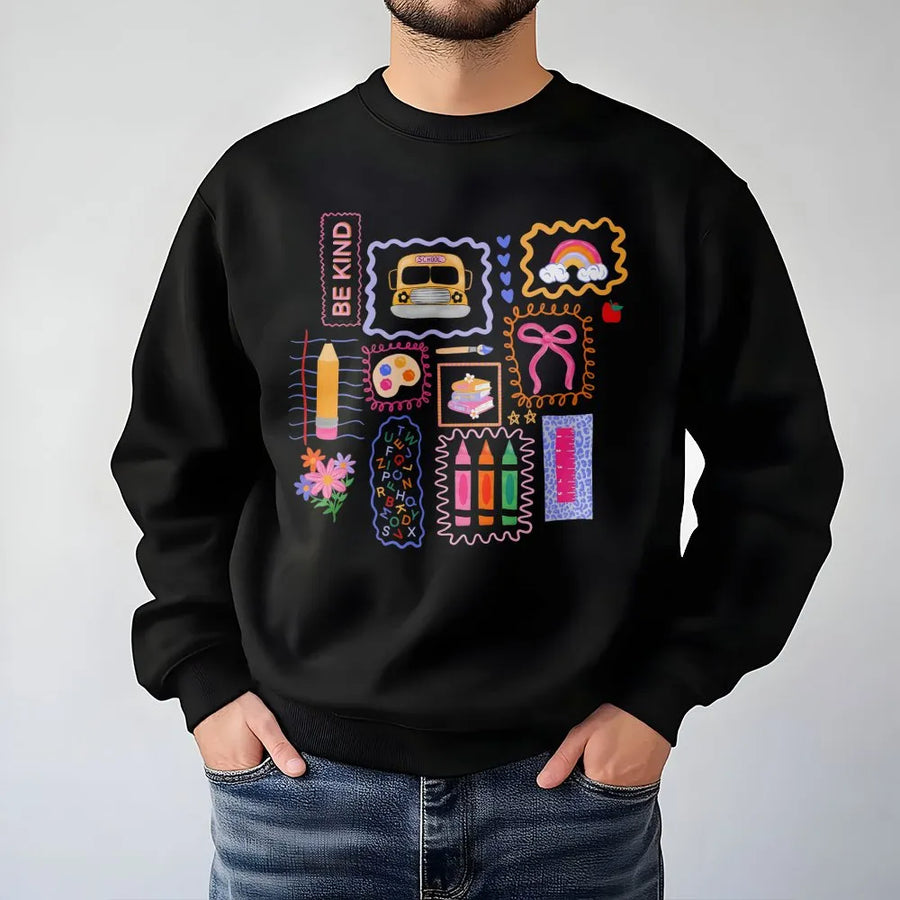 Teacher Sweatshirt | Colorful School Doodles Graphic | Soft Cotton Tee | Preppy Back to School Gift for Her