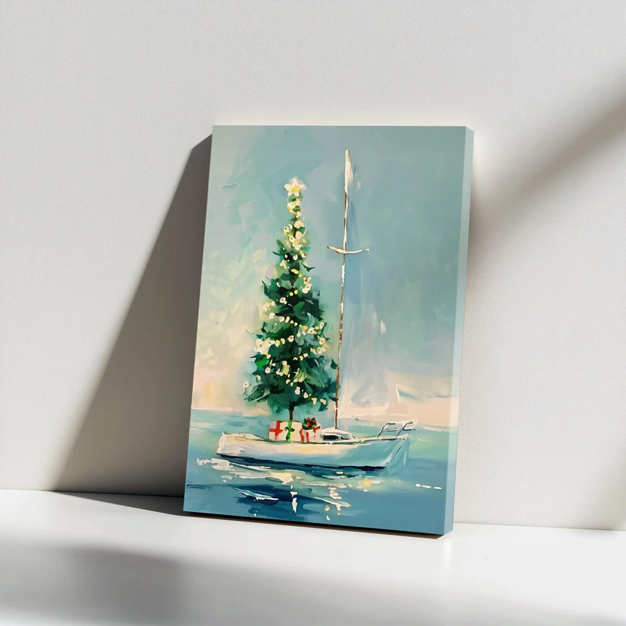 Coastal Christmas Tree On Sailboat Wall Art | Nautical Winter Holiday Painting | Premium Gallery Wrapped Canvas | Beach House Decor Gift