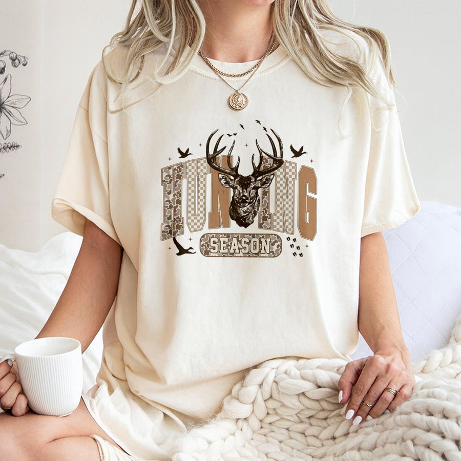 Hunting Season T-Shirt | Retro Camo Deer Antler Graphic | Premium 100% Cotton Tee | Wildlife Outdoor Gift for Hunter Men and Women