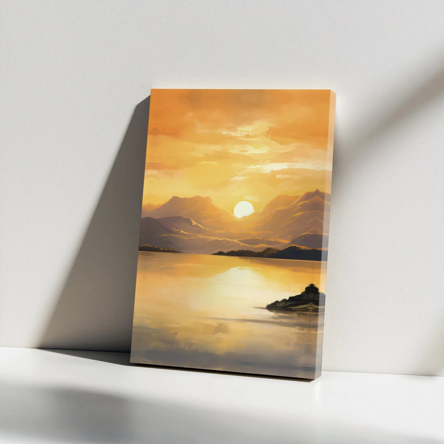 Mountain Sunset Canvas Wall Art | Golden Hour Mountain Lake Painting | Premium Gallery Wrapped Canvas | Modern Home & Office Decor Gift
