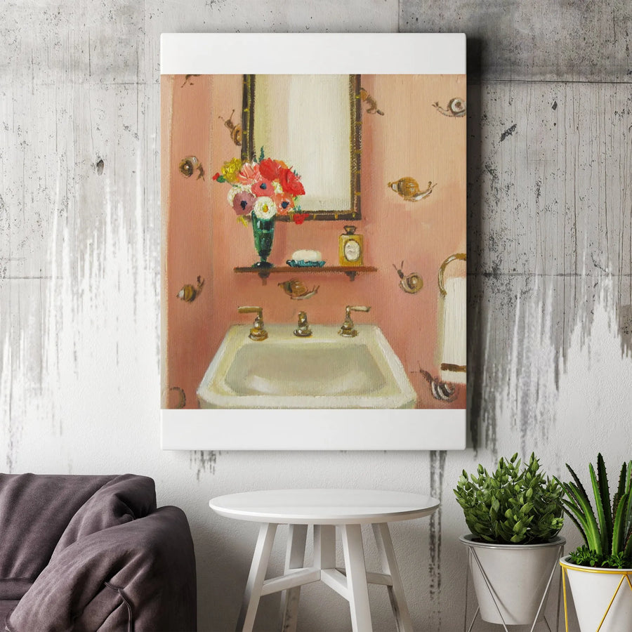 Quirky Snail Bathroom Canvas | Vintage Oil Painting Style Print | Premium Gallery Wrapped Wall Art | Unique Maximalist Home Decor Gift