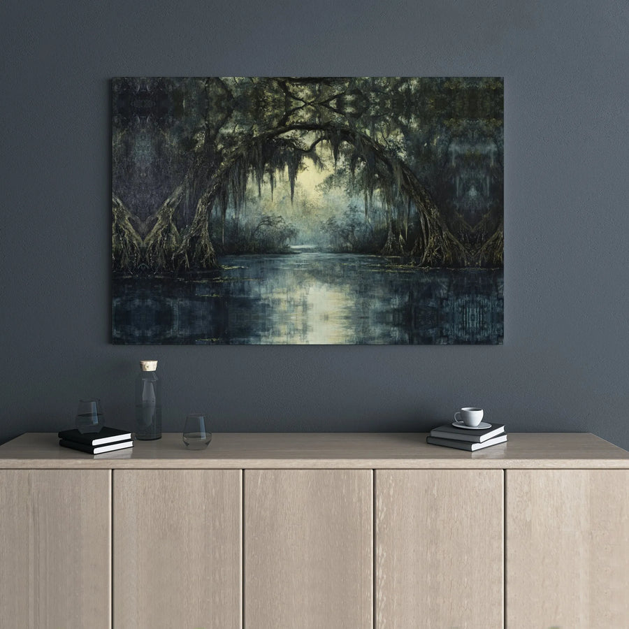 Moody Swamp Landscape Canvas | Atmospheric Cypress Trees and Spanish Moss Wall Art | Premium Gallery Wrap Print | Nature-Inspired Home Decor Gift