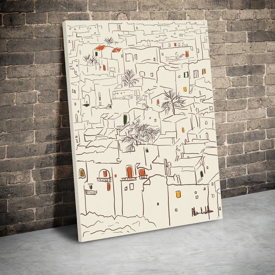 Mediterranean Village Canvas Wall Art | Minimalist Line Drawing Print | Premium Gallery Wrap Decor | Aesthetic Coastal Home Gift