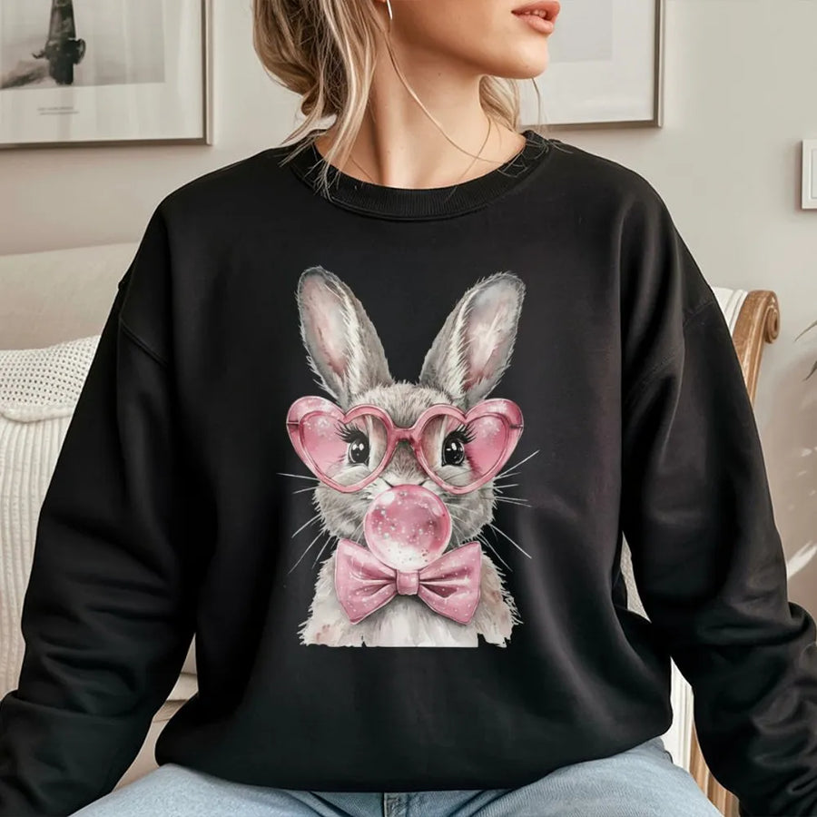 Easter Bunny Sweatshirt | Cute Rabbit Heart Glasses Bubble Gum Design | Premium Cotton Blend | Gift for Women and Kids