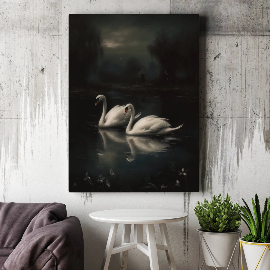Swan Lake Wall Art | Moody Dark Aesthetic Nature Print | Premium Gallery Wrapped Canvas | Elegant Home Decor Gift for Bird Lovers