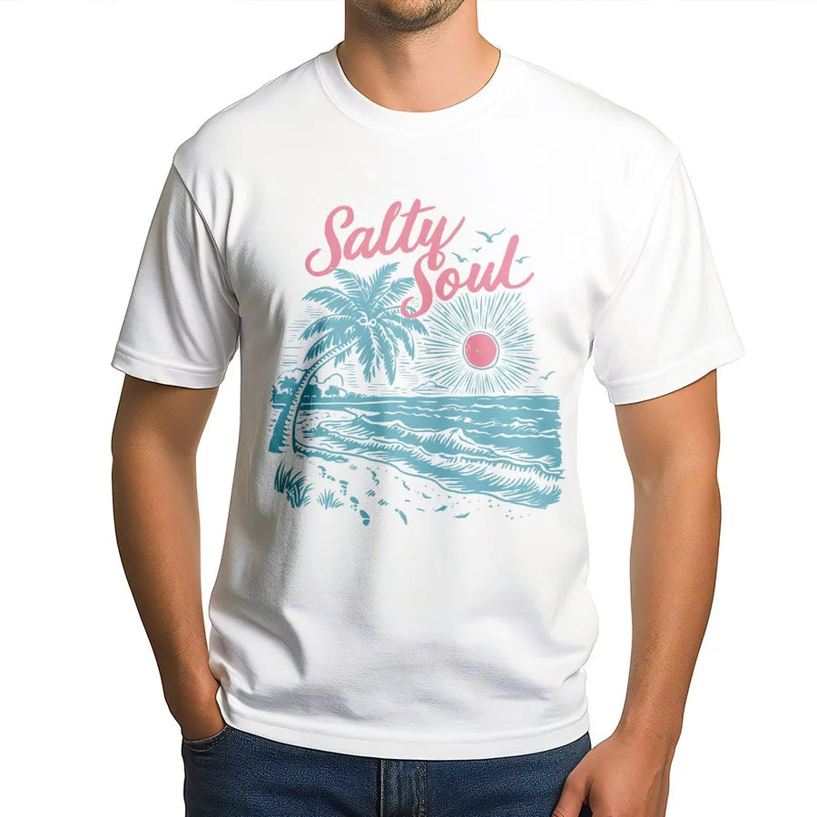 Salty Soul T-Shirt | Retro Summer Beach Graphic | Premium Cotton Blend Pullover | Tropical Vacation Gift for Beach Lovers