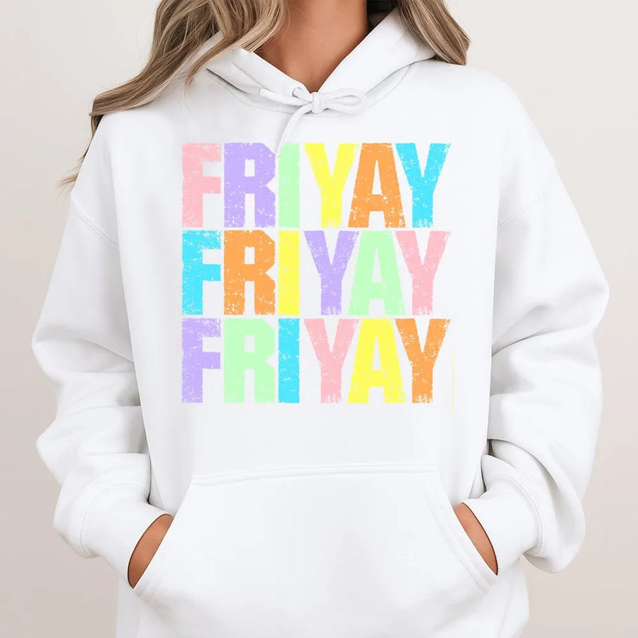 Happy Friyay Hoodie | Retro Colorful Graphic Pullover | Soft Cotton-Polyester Blend | Funny Elementary Teacher Gift