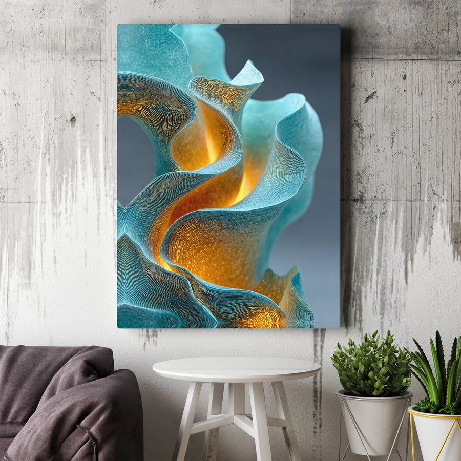 Abstract Teal and Gold Canvas Wall Art | Modern Wavy Fluid Design | Premium 1.25" Gallery Wrap | Luxury Home and Office Decor