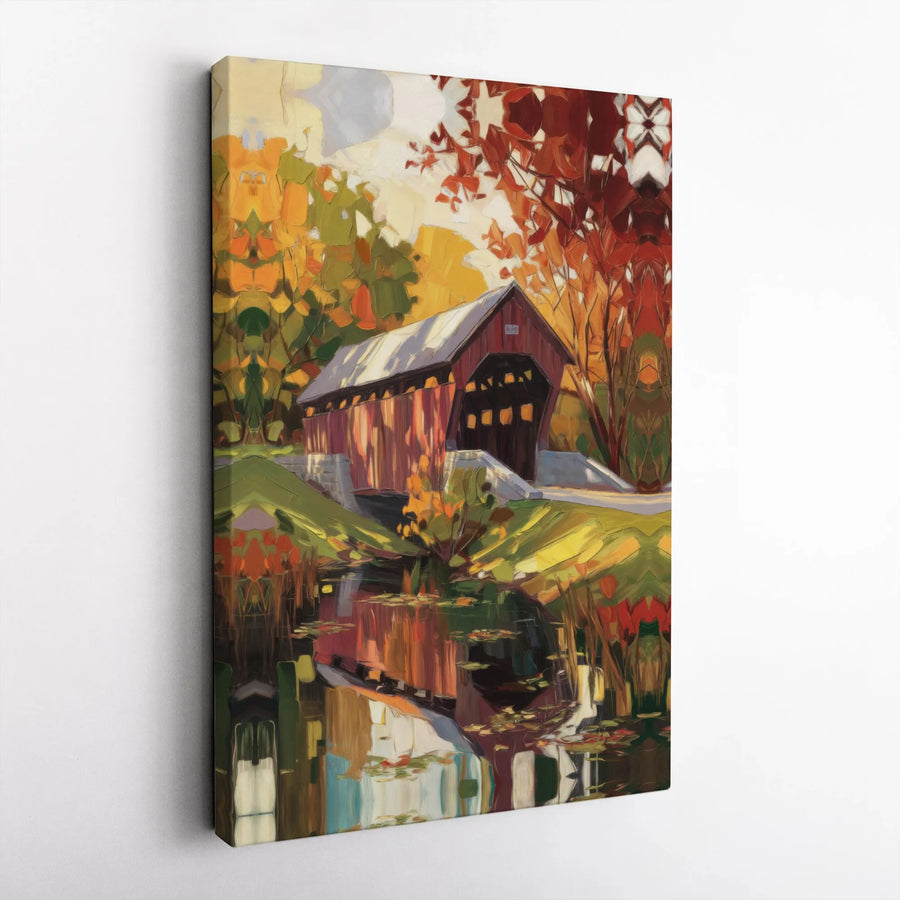 Red Covered Bridge Canvas Wall Art | Autumn Forest Landscape Print | Premium 1.25-Inch Gallery Wrap | Fall Home Decor Gift for Nature Lovers