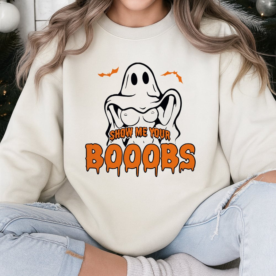 Funny Booobs Ghost Sweatshirt | Rude Halloween Pun Graphic | Premium Cotton Blend Crewneck | Unisex Adult Gift for Halloween Party