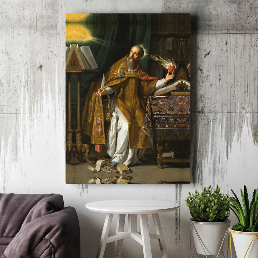 Saint Augustine of Hippo Canvas Wall Art | Flaming Heart & Veritas Christian Painting | Premium Matte Canvas | Catholic Home Decor Gift