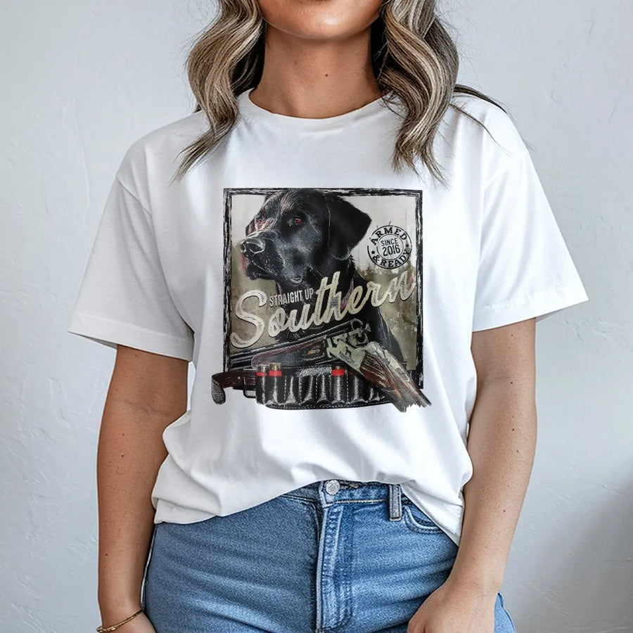 Southern Hunting T-Shirt | Black Lab Retriever & Shotgun Graphic | Premium Cotton Blend Sweatshirt | Gift for Outdoorsman and Dog Lover