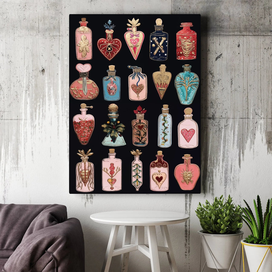 Mystical Potion Bottles Canvas Wall Art | Witchy Alchemy Decor | Premium Stretched Gallery Wrap | Gothic Romantic Gift for Her