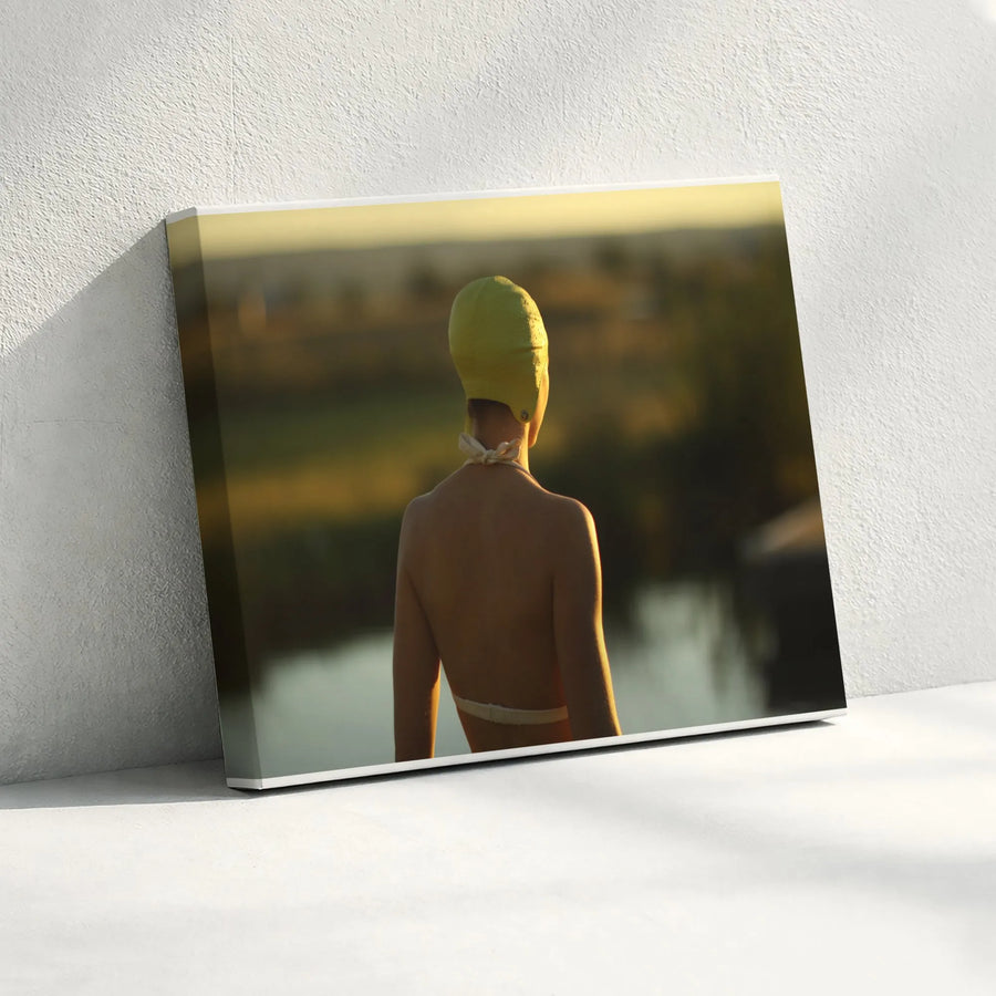 Vintage Swimmer Canvas Art | Woman in Yellow Swim Cap Print | Premium Gallery Wrapped Canvas | Serene Bathroom Wall Decor Gift