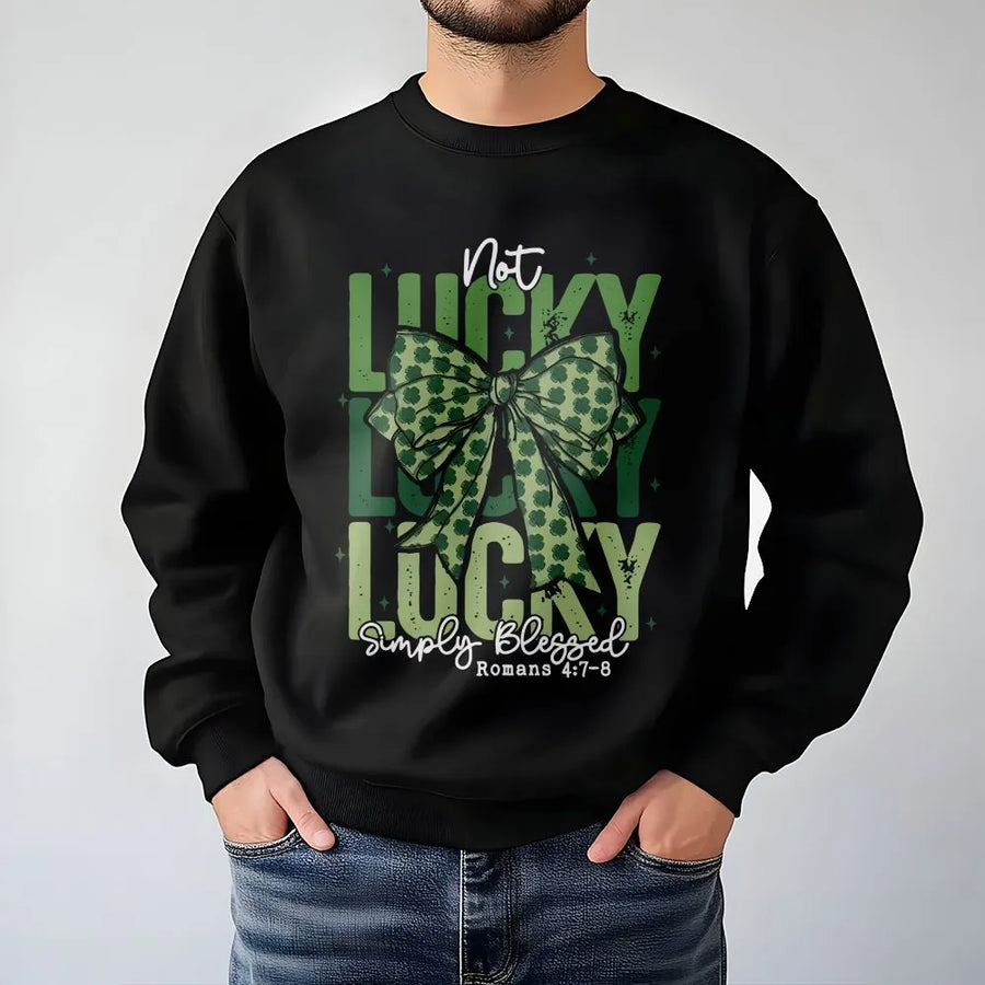 Not Lucky Simply Blessed Sweatshirt | Retro Coquette Clover Bow Design | Premium Cotton Blend Crewneck | Christian St Patrick's Day Gift For Her