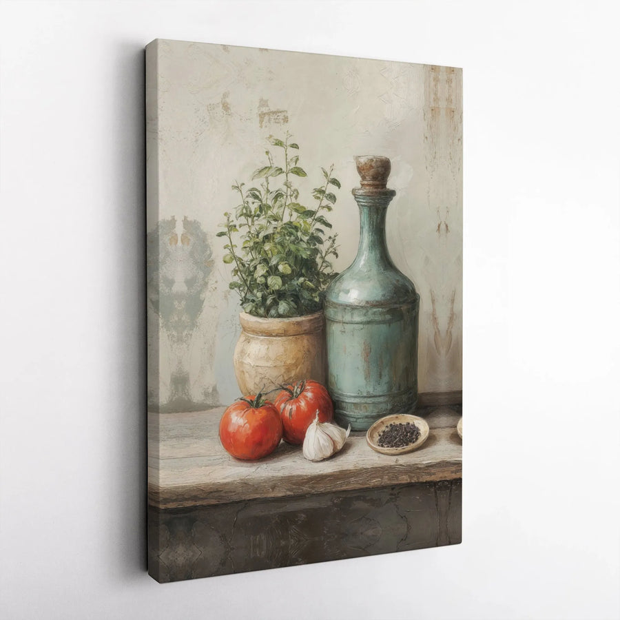 Rustic Kitchen Wall Art | Italian Still Life with Tomatoes & Herbs | Premium Canvas Print | Farmhouse Kitchen Decor Gift