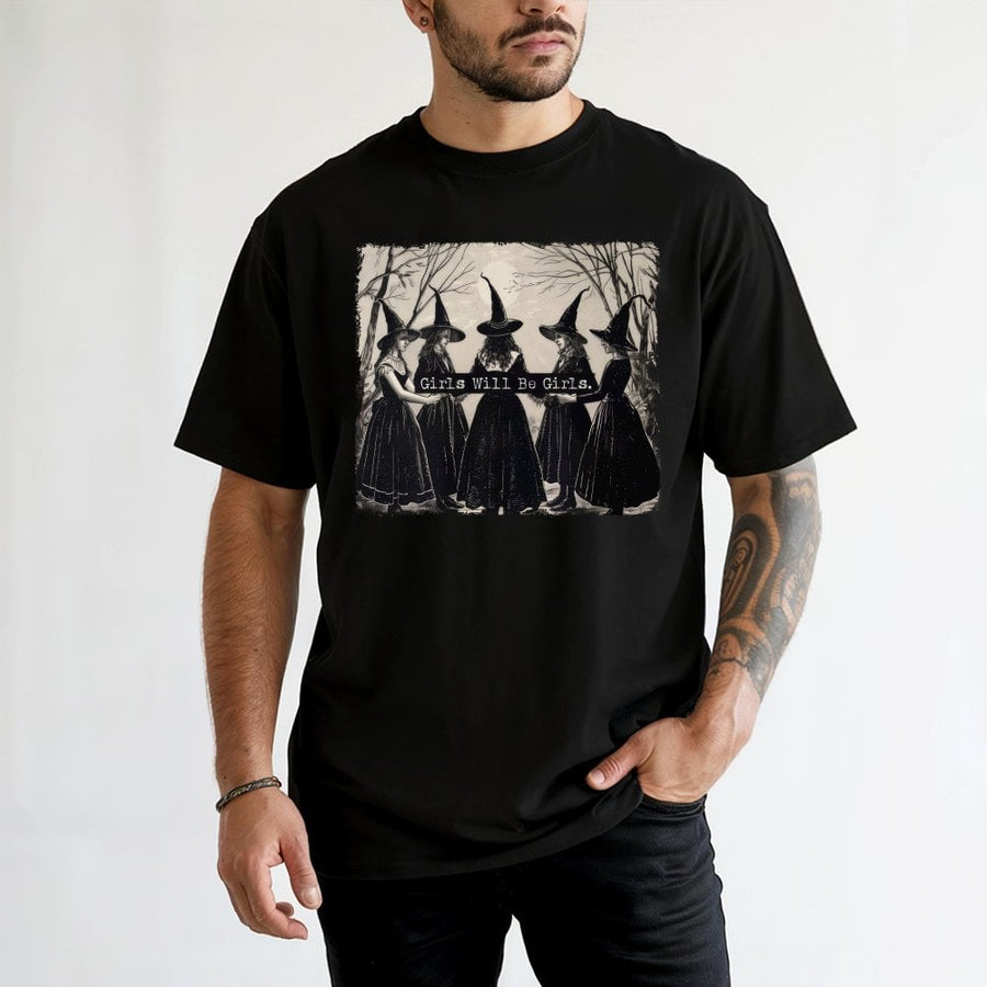 Girls Will Be Girls Witch T-Shirt | Vintage Boho Aesthetic Graphic | 100% Cotton Premium Tee | Occult Gothic Gift For Women