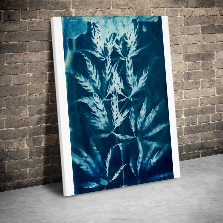 Cannabis Cyanotype Canvas Print | Blue Botanical Leaf Art | Premium Thick Gallery Wrap | Modern Stoner Room Decor Gift