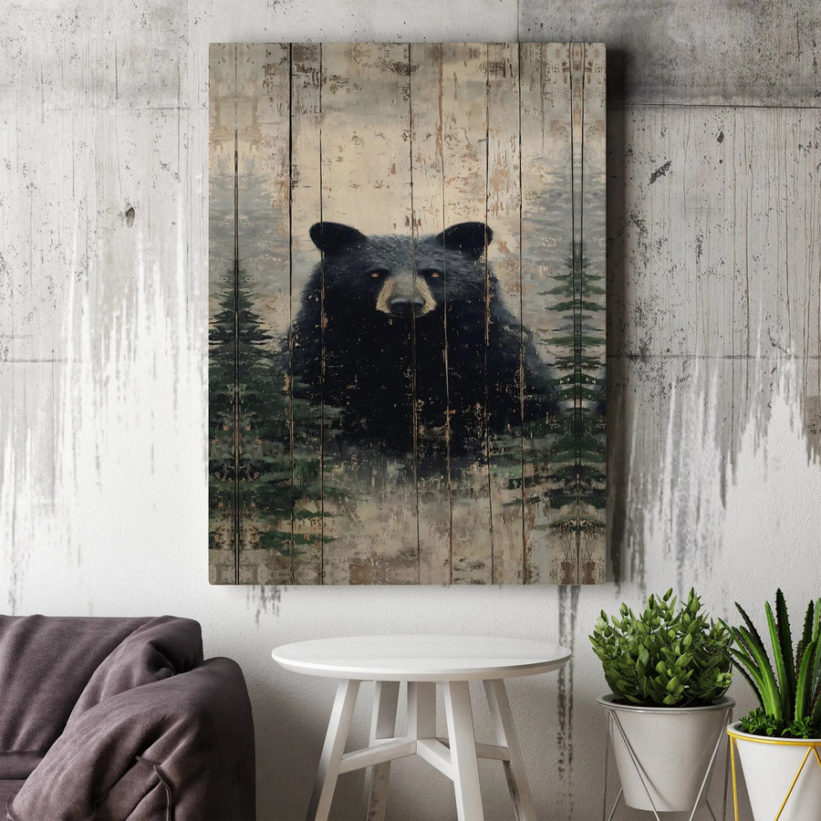 Rustic Black Bear Canvas Print | Forest Scene on Vintage Wood Panel | Premium Gallery Wall Art | Cabin & Lodge Decor Gift