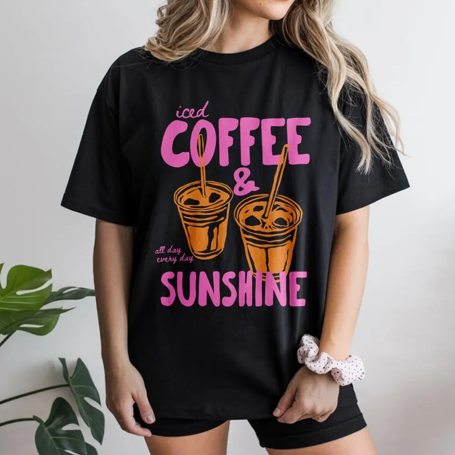 Iced Coffee and Sunshine T-Shirt | Summer Vibes Graphic Tee | Soft Cotton Shirt | Unique Gift for Coffee Lovers