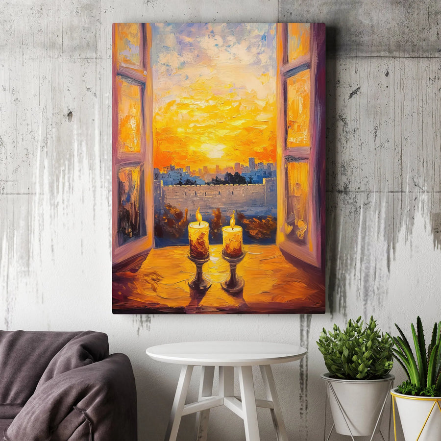 Jerusalem Shabbat Candles Canvas Wall Art | Impressionist Sunset Window View | Premium Gallery Wrap Print | Jewish Home Decor Gift