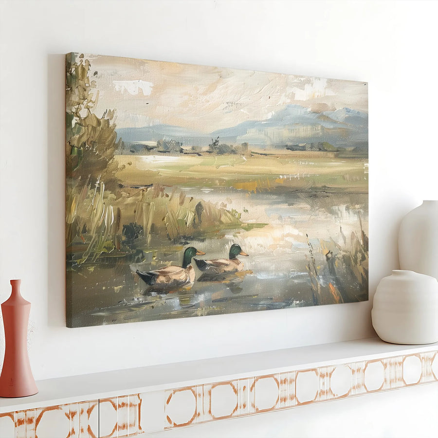 Mallard Duck Canvas Wall Art | Vintage Impressionist Pond Landscape | Premium Gallery Wrap Print | Rustic Nature Decor for Living Room Gift