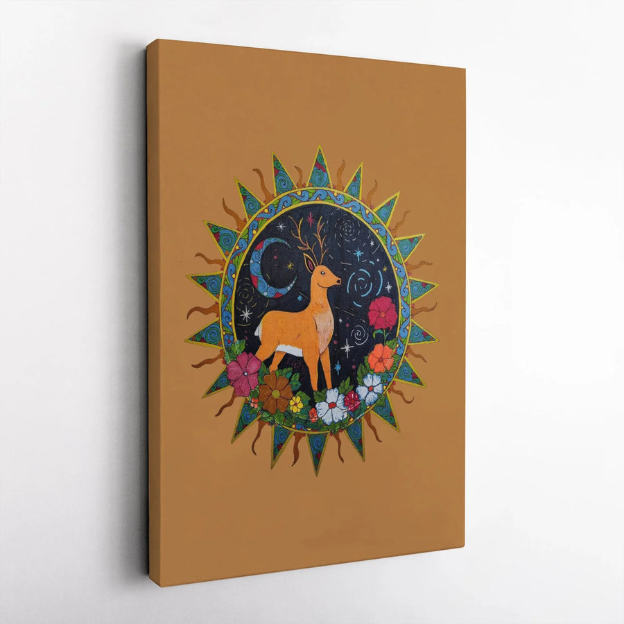 Boho Deer Wall Art Canvas | Celestial Sun Moon and Flower Design | Premium Gallery Wrap Print | Whimsical Nature Home Decor Gift