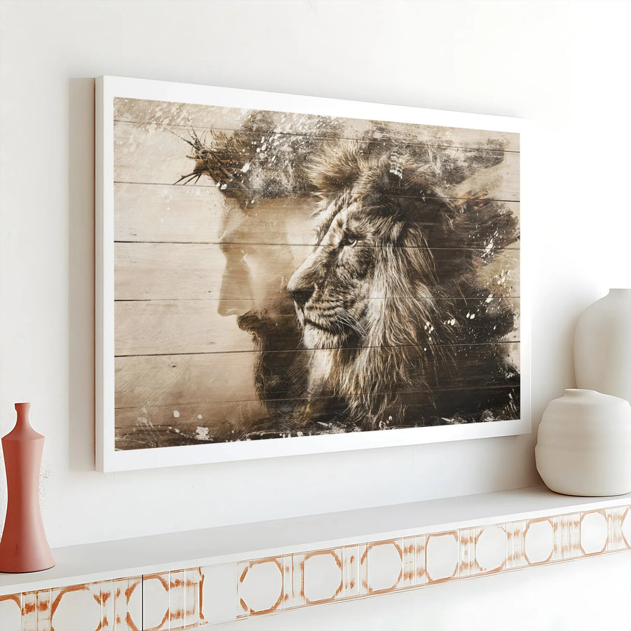 Jesus and Lion of Judah Canvas Wall Art | Double Exposure Christian Decor | Premium Gallery Wrap Print | Faithful Home Decor Religious Gift
