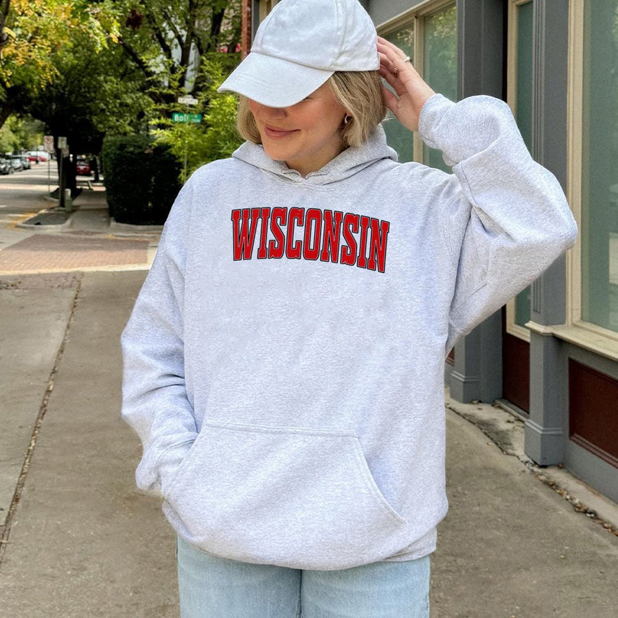 Wisconsin Hoodie | Red Varsity Letter Font Design | Premium Cotton-Poly Blend | Comfortable Unisex Gift for Fans and Students