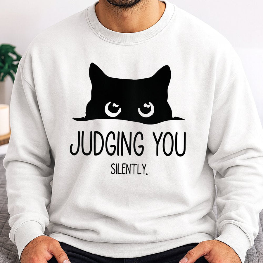 Judging You Silently Cat Sweatshirt | Peeking Black Cat Design | Premium Cotton Blend Crewneck | Funny Animal Lover Gift for Women & Men