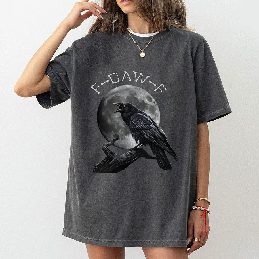Crow Moon Graphic T-Shirt | F-Caw-F Funny Bird Pun | 100% Cotton Premium Tee | Gothic Birdwatcher Gift for Men and Women
