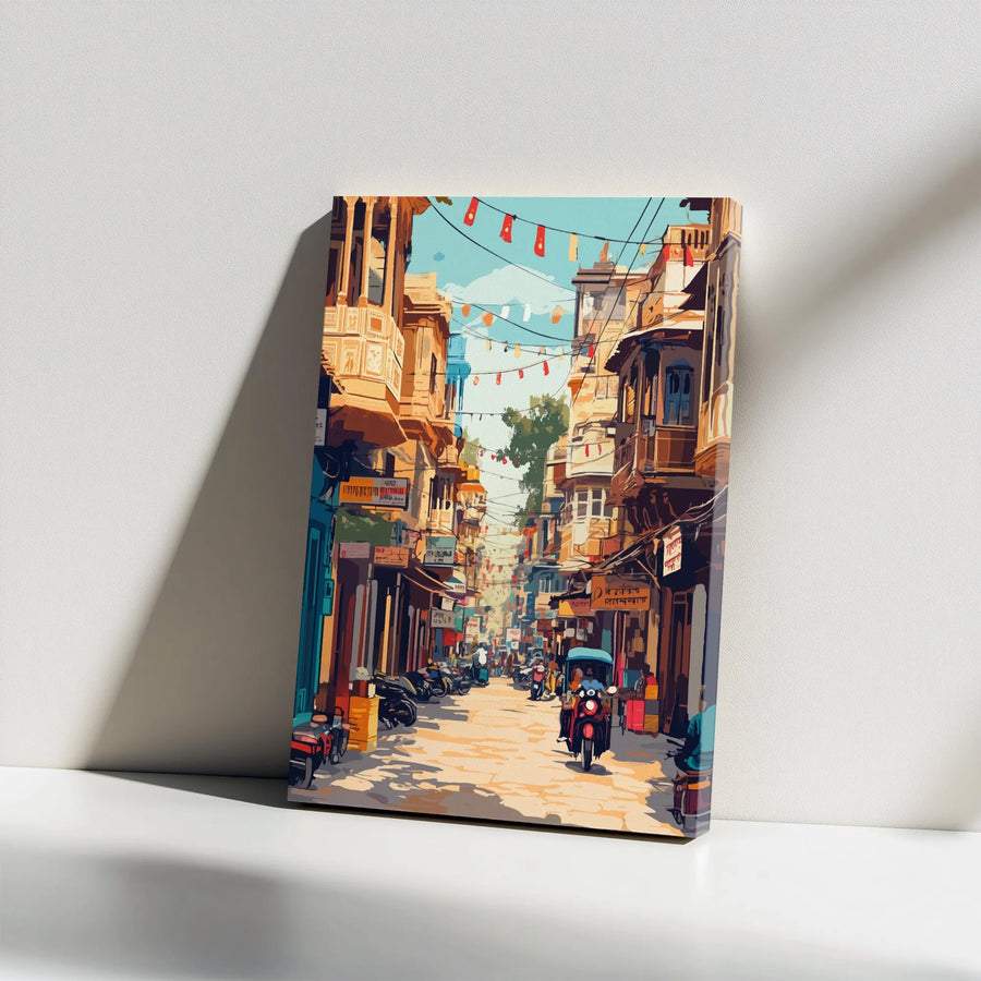 Indian City Market Canvas Print | Vibrant Street Scene Illustration | Premium Frameless Wall Art | Unique Travel Art for Living Room Decor