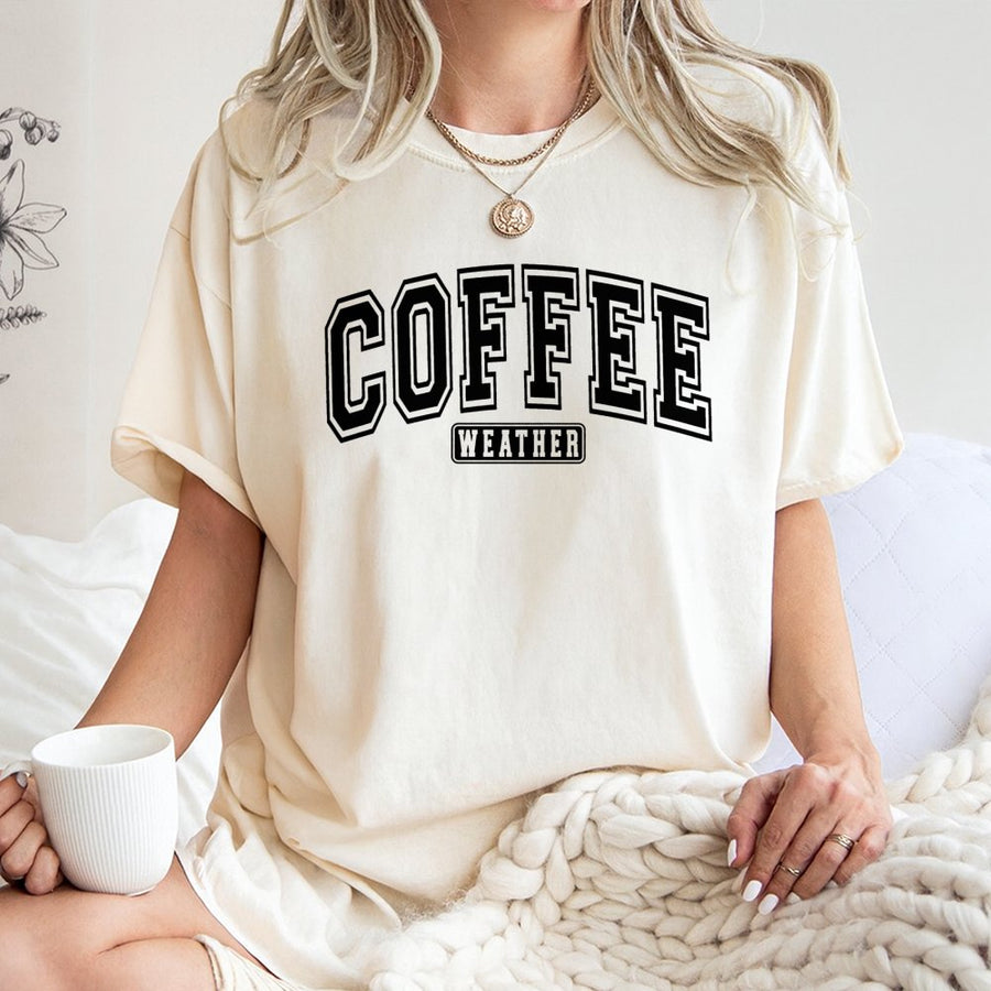 Coffee Weather T-Shirt | Varsity Lettering Aesthetic | 100% Cotton Premium Tee | Cute Fall Gift For Coffee Lovers