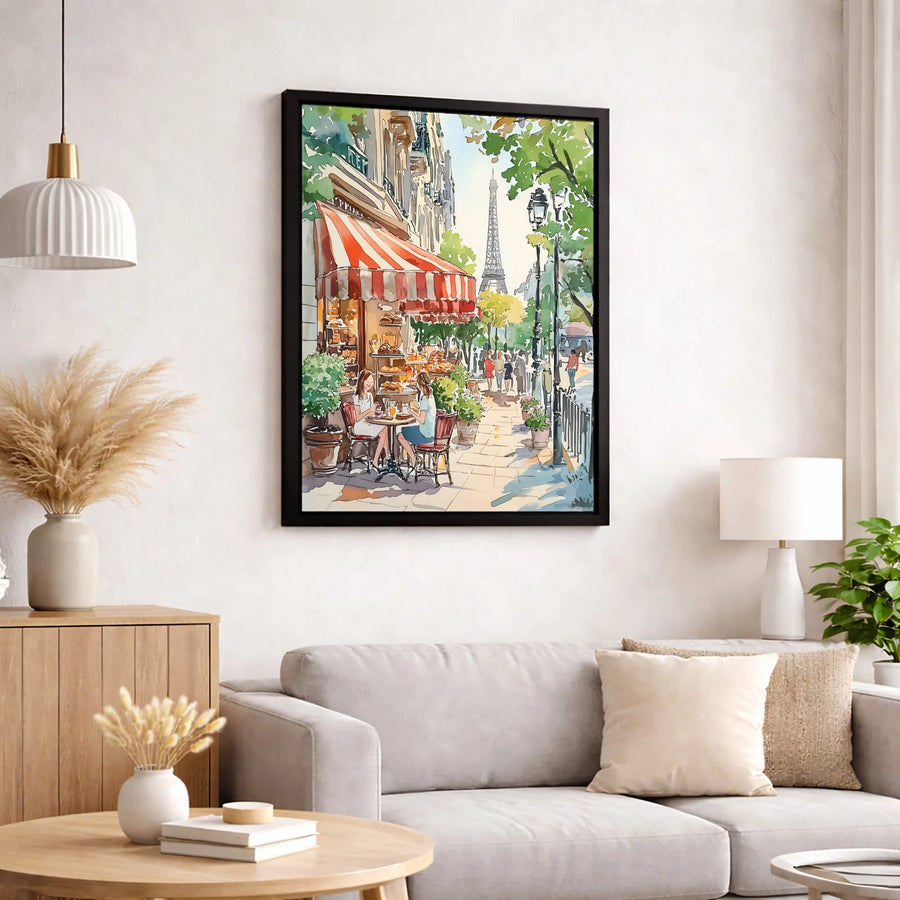 Parisian Cafe Wall Art | Watercolor Eiffel Tower Street Scene | Premium Gallery Wrap Canvas | Travel Inspired Home Decor Gift