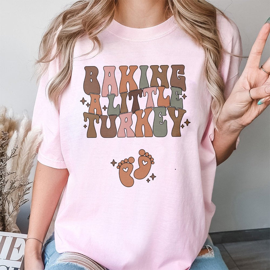 Baking A Little Turkey Pregnancy Announcement T-Shirt | Retro Fall Maternity Graphic Tee | Premium 100% Cotton | Thanksgiving Baby Reveal Gift For Mom