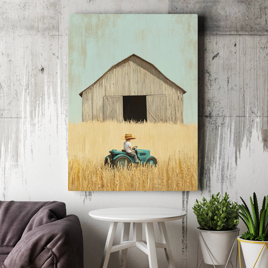 Farmhouse Wall Art Canvas | Boy On Blue Tractor In Wheat Field | Premium Gallery Wrap Print | Rustic Country Home Decor Gift