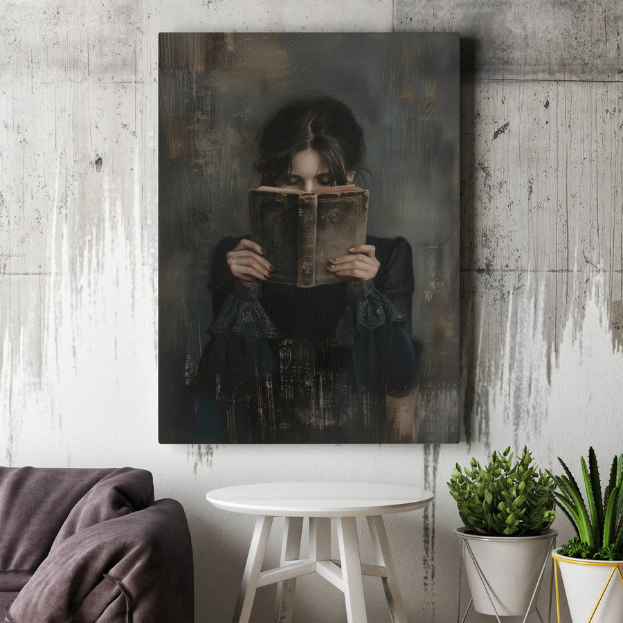 Dark Academia Wall Art | Woman Reading Old Book Portrait | Gallery Wrapped Canvas Decor | Moody Aesthetic Gift for Book Lovers