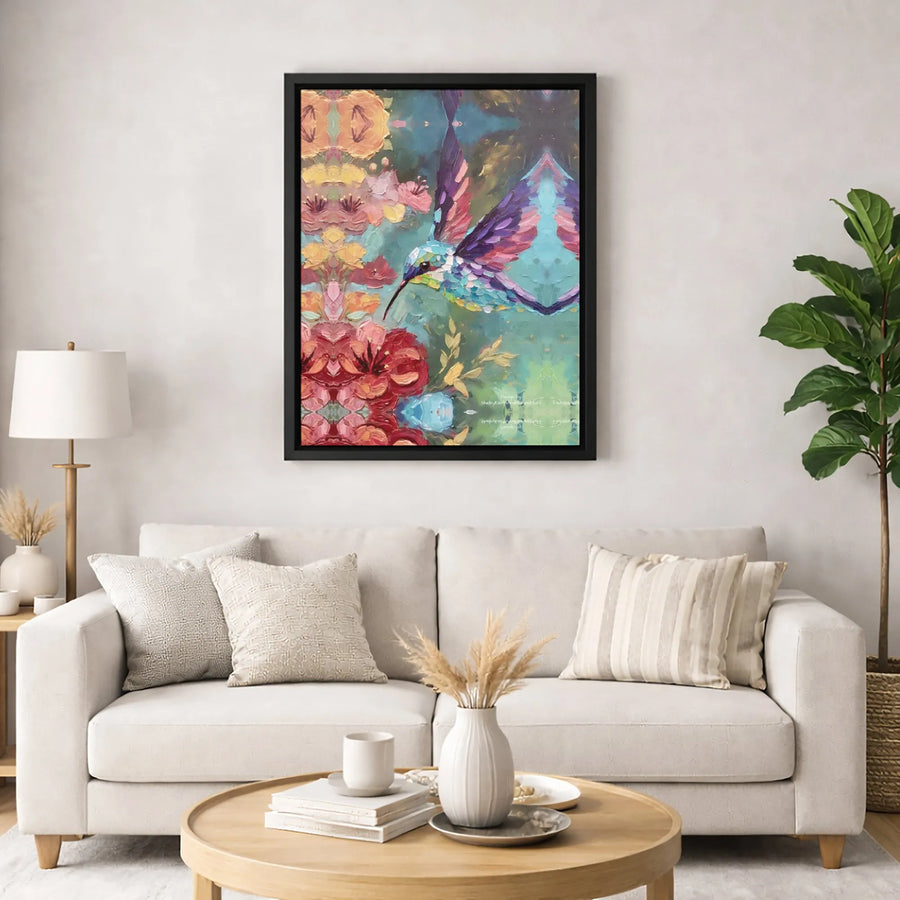 Hummingbird Floral Canvas Art | Kaleidoscope Nature Bird Wall Decor | Gallery Quality Premium Print | Vibrant Home & Office Aesthetic Gift