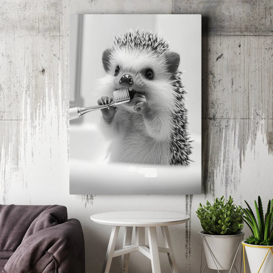Hedgehog Wall Art | Cute Animal Brushing Teeth Photo | Premium Gallery Wrapped Canvas | Bathroom Decor & Unique Gift