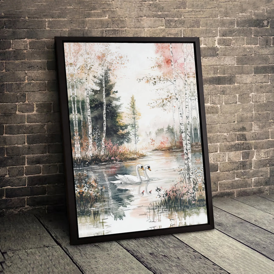 Swan Wall Art Canvas | Watercolor Forest Lake Painting | Premium Gallery Wrap Print | Nature Inspired Home Decor Gift