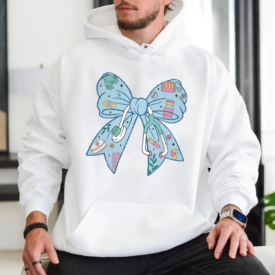 Nurse Coquette Bow Hoodie | Coquette Aesthetic Stethoscope Graphic | Soft Cotton Blend Pullover | Gift for Nursing Student or RN