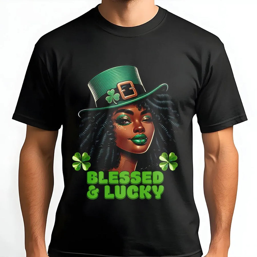 Blessed And Lucky St Patrick's Day T-Shirt | Afro Girl Leprechaun Graphic | 100% Cotton Premium Tee | Black Girl Magic Gift For Women