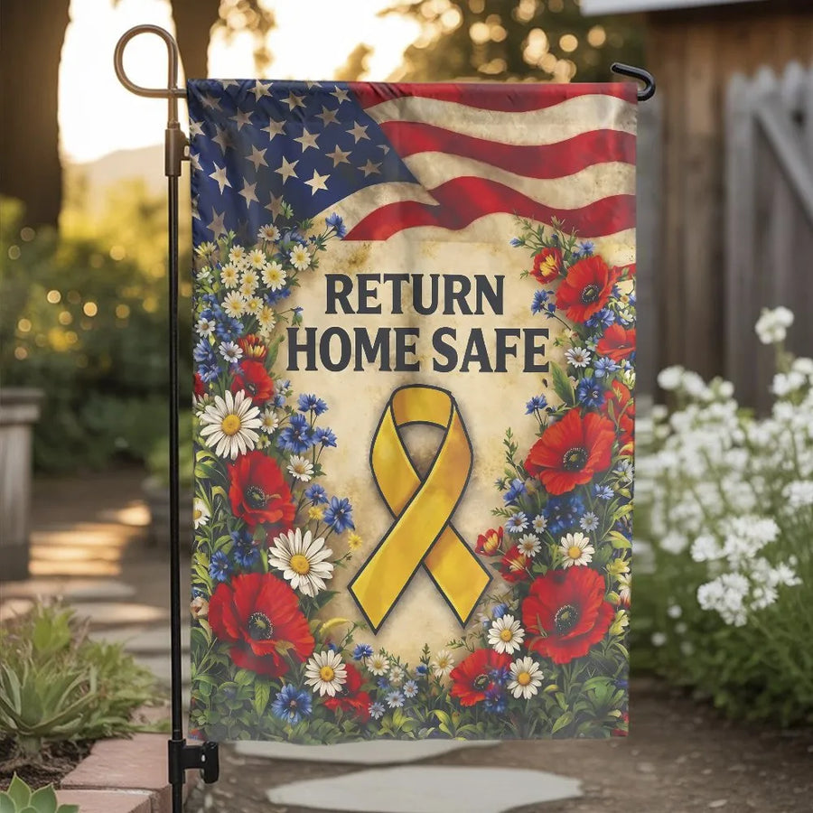 Return Home Safe Garden Flag | Yellow Ribbon Military Support with American Flag and Florals | Double-Sided Premium Polyester | Patriotic Deployment Welcome Home Gift