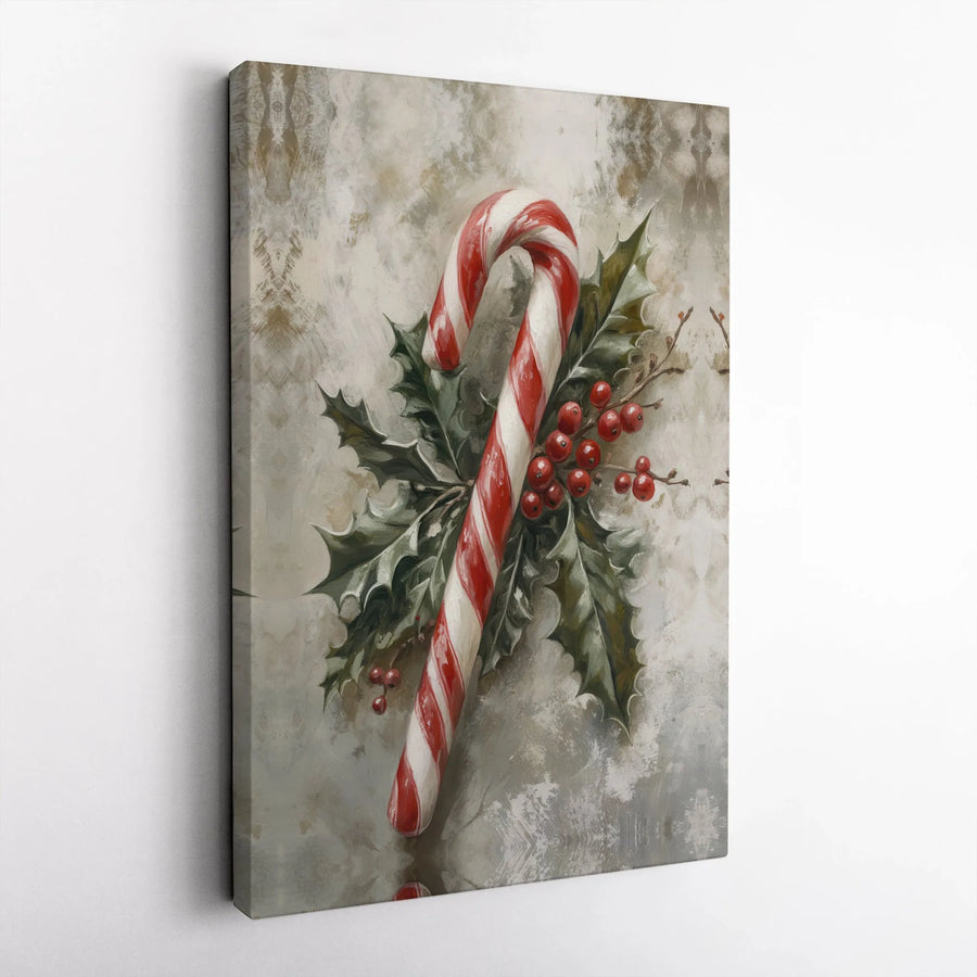 Christmas Candy Cane Canvas Wall Art | Vintage Style Holly Berries Print | Premium 1.25-Inch Gallery Wrap | Festive Holiday Home Decor Gift